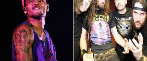 Solistul Chris Brown, fotografiat cu o jacheta plina de logo-uri cu trupe thrash metal (foto)